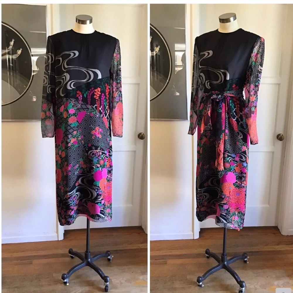 Hanae Mori Floral Chiffon Maxi Dress Vintage